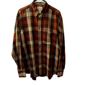 Cabela's Orange Brown Tan Plaid‎ Shirt COTTON Long Sleeves Button-up Flannel